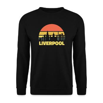 Liverpool Skyline Retro Sonnenuntergang Silhouette - Unisex Pullover - Schwarz - Vorne - Alina (178cm) & Michal (187cm)