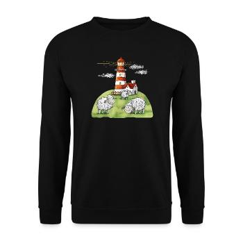 Leuchtturm und Schafe I Nordsee Ostsee Küste - Unisex Pullover - Schwarz - Vorne - Alina (178cm) & Michal (187cm)