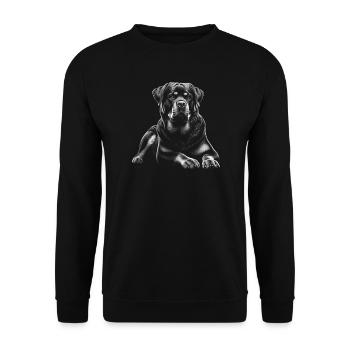 Liegender Rottweiler fotorealistischer Zeichenstil - Unisex Pullover - Schwarz - Vorne - Alina (178cm) & Michal (187cm)