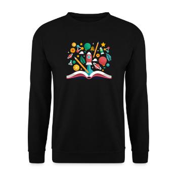 Offenes Buch mit Schulobjekten, Lernen und Pädagogik - Unisex Pullover - Schwarz - Vorne - Alina (178cm) & Michal (187cm)