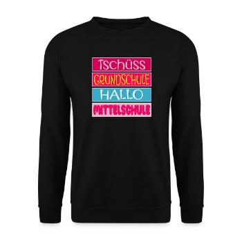 TSCHÜSS GRUNDSCHULE HALLO MITTELSCHULE - Unisex Pullover - Schwarz - Vorne - Alina (178cm) & Michal (187cm)
