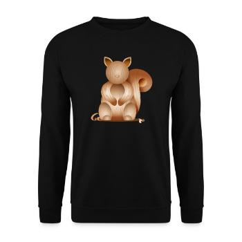 Illustration in Holzoptik–Verspieltes Eichhörnchen - Unisex Pullover - Schwarz - Vorne - Alina (178cm) & Michal (187cm)