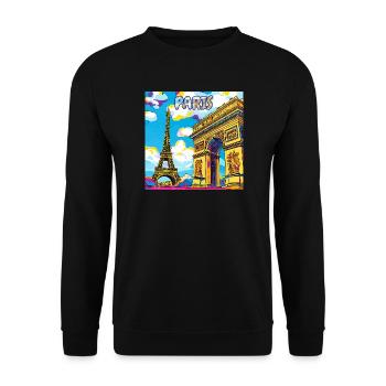 Paris Pop Art: Eiffel-Arc-Traumlandschaft - Unisex Pullover - Schwarz - Vorne - Alina (178cm) & Michal (187cm)