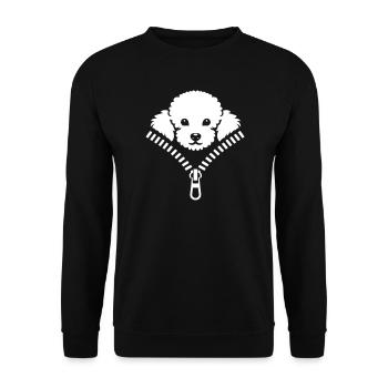 Kleiner Pudel, der in einem Reißverschluss versteckt ist - Unisex Pullover - Schwarz - Vorne - Alina (178cm) & Michal (187cm)