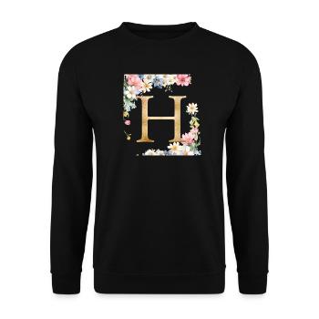 H Monogramm, Floral, personalisierbar - Unisex Pullover - Schwarz - Vorne - Alina (178cm) & Michal (187cm)