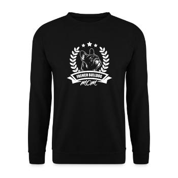 "French Bulldog Mom" mit Banner und Ährenkranz - Unisex Pullover - Schwarz - Vorne - Alina (178cm) & Michal (187cm)