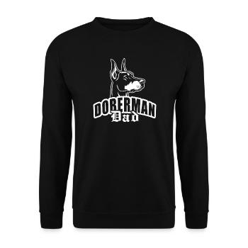 "Doberman Dad" mit Hundekopf - Unisex Pullover - Schwarz - Vorne - Alina (178cm) & Michal (187cm)