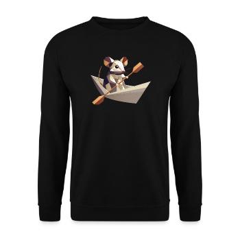 Abenteuerlustige Maus im Papierschiffchen - Unisex Pullover - Schwarz - Vorne - Alina (178cm) & Michal (187cm)