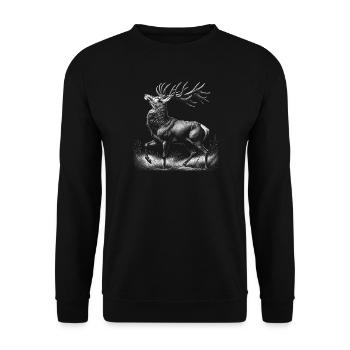 Hirsch mit stolzem Geweih als seitliches Porträt - Unisex Pullover - Schwarz - Vorne - Alina (178cm) & Michal (187cm)