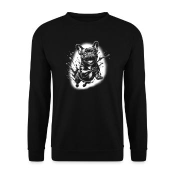 Fröhliche Französische Bulldogge im Sprung - Unisex Pullover - Schwarz - Vorne - Alina (178cm) & Michal (187cm)