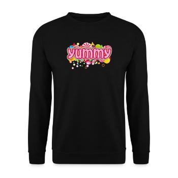 Yummy – Bonbonfarbene Typografie für Naschkatzen - Unisex Pullover - Schwarz - Vorne - Alina (178cm) & Michal (187cm)