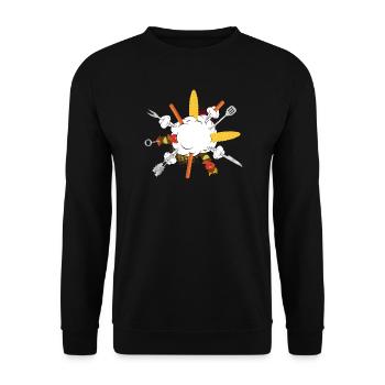 Grill-Explosion – Comic-Motiv für echte Kerle - Unisex Pullover - Schwarz - Vorne - Alina (178cm) & Michal (187cm)