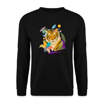 Tiger mit Blüte – Kraftvolles Naturmotiv - Unisex Pullover - Schwarz - Vorne - Alina (178cm) & Michal (187cm)