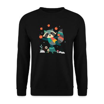 Verspielter Waschbär jongliert fröhlich mit Äpfeln - Unisex Pullover - Schwarz - Vorne - Alina (178cm) & Michal (187cm)