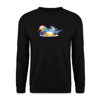 Bunte Mandarinente auf dem Wasser – bunte Eleganz - Unisex Pullover - Schwarz - Vorne - Alina (178cm) & Michal (187cm)