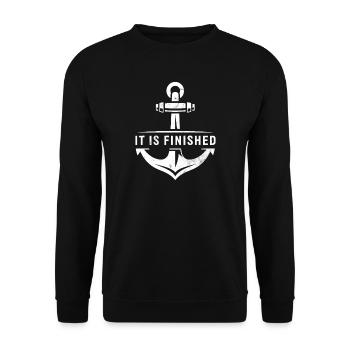 IT IS FINISHED Bibelvers Anker Spruch Design - Unisex Pullover - Schwarz - Vorne - Alina (178cm) & Michal (187cm)
