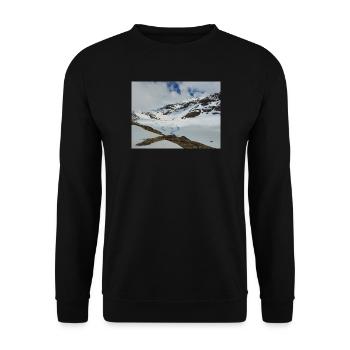 Alpenlandschaft, türkisfarbener eisiger See - Unisex Pullover - Schwarz - Vorne - Alina (178cm) & Michal (187cm)