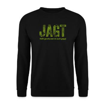 Schriftzug Jagt mit detailreichem Muster - Unisex Pullover - Schwarz - Vorne - Alina (178cm) & Michal (187cm)