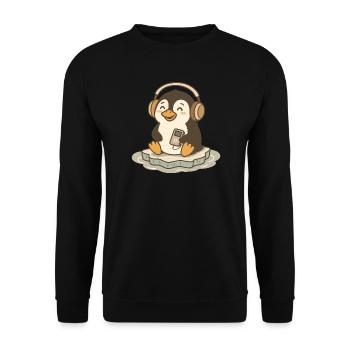 Musikliebender niedlicher Pinguin mit Kopfhörern - Unisex Pullover - Schwarz - Vorne - Alina (178cm) & Michal (187cm)