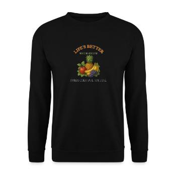 Das Leben ist schöner mit Obst – retro, frisch, bunt - Unisex Pullover - Schwarz - Vorne - Alina (178cm) & Michal (187cm)