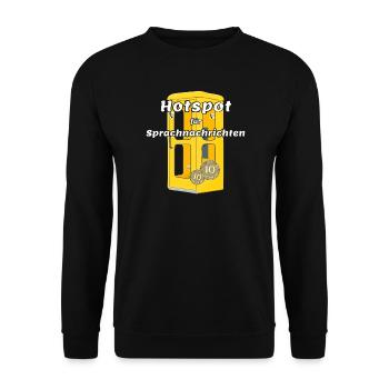 Hotspot für Sprachnachrichten, gelbe Telefonzelle - Unisex Pullover - Schwarz - Vorne - Alina (178cm) & Michal (187cm)