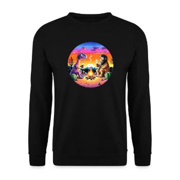 Prehistoric Campfire Encounter Illustration - Unisex Sweatshirt - black - Front - Alina (178cm) & Michal (187cm)