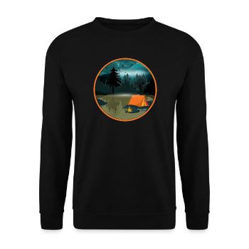 Nachtcamping im Wald mit Lagerfeuer und Zelt - Unisex Pullover - Schwarz - Vorne - Alina (178cm) & Michal (187cm)
