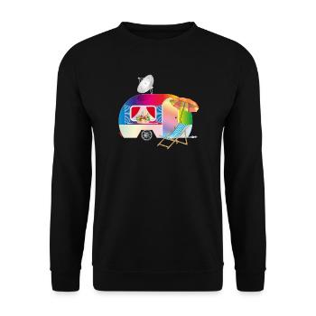 Bunter Retro-Wohnwagen mit Liegestuhl - Unisex Pullover - Schwarz - Vorne - Alina (178cm) & Michal (187cm)