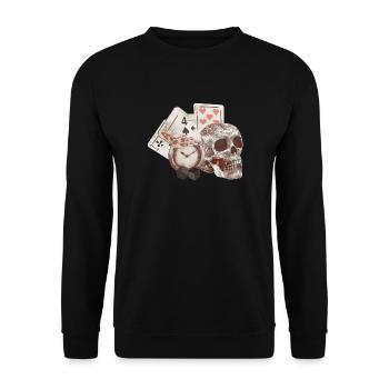 Vintage Totenkopf mit Spielkarten Uhren - Unisex Pullover - Schwarz - Vorne - Alina (178cm) & Michal (187cm)