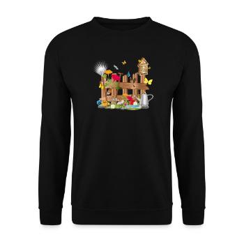 liebevoll gestalteter bunter Gartenzaun mit Blumen - Unisex Pullover - Schwarz - Vorne - Alina (178cm) & Michal (187cm)