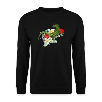 Grüne Eidechse auf Blumen botanisches Motiv - Unisex Pullover - Schwarz - Vorne - Alina (178cm) & Michal (187cm)