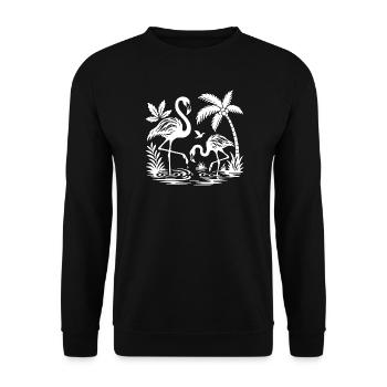 Tropische Flamingo- und Palmenszene - Unisex Pullover - Schwarz - Vorne - Alina (178cm) & Michal (187cm)