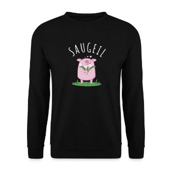 Sauguat Saugeil Dialekt Spruch Schweinchen - Unisex Pullover - Schwarz - Vorne - Alina (178cm) & Michal (187cm)
