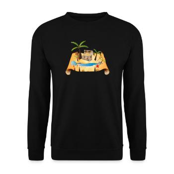 Abenteuerliche Schatzkarte mit Goldtruhe - Unisex Pullover - Schwarz - Vorne - Alina (178cm) & Michal (187cm)