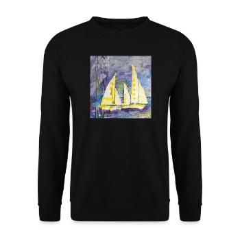 Farbenfroher Segelboot-Motiv im Expressionismus - Unisex Pullover - Schwarz - Vorne - Alina (178cm) & Michal (187cm)