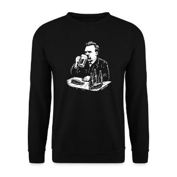 Friedrich Nietzsche trinkt Bier Illustration - Unisex Pullover - Schwarz - Vorne - Alina (178cm) & Michal (187cm)