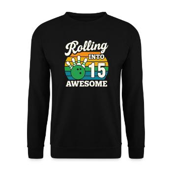 Retro Bowling Feier zum 15. Geburtstag - Unisex Pullover - Schwarz - Vorne - Alina (178cm) & Michal (187cm)