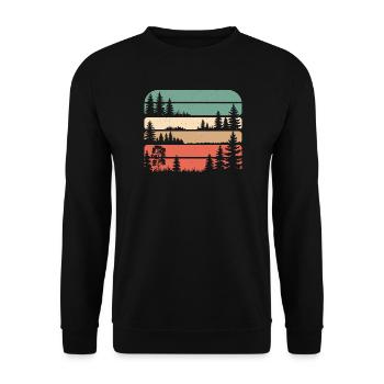 Retro Wald Natur Silhouette Bäume Wandern Geschenk - Unisex Pullover - Schwarz - Vorne - Alina (178cm) & Michal (187cm)