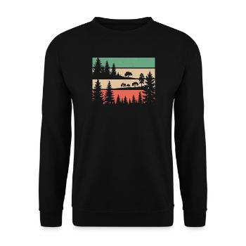 Retro Wald Natur Silhouette Bäume Motiv Wandern - Unisex Pullover - Schwarz - Vorne - Alina (178cm) & Michal (187cm)
