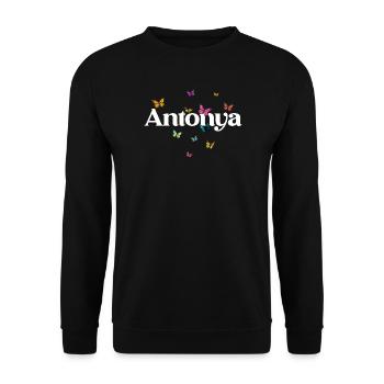 Schöner Mädchenname mit Schmetterlingen ANTONYA - Unisex Pullover - Schwarz - Vorne - Alina (178cm) & Michal (187cm)