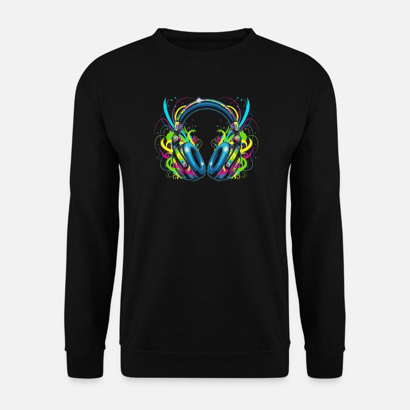 Neon-Kopfhörer mit psychedelischen Wirbeln - Unisex Pullover - Schwarz