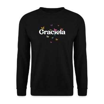 Schöner Mädchenname mit Schmetterlingen GRACIELA - Unisex Pullover - Schwarz - Vorne - Alina (178cm) & Michal (187cm)