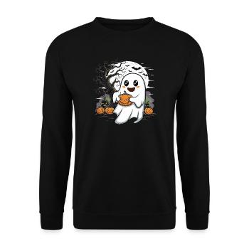 Niedlicher Geist mit Kürbislaterne - Unisex Pullover - Schwarz - Vorne - Alina (178cm) & Michal (187cm)