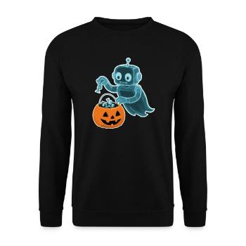 Gespenstischer Minibot mit Kürbiskorb - Unisex Pullover - Schwarz - Vorne - Alina (178cm) & Michal (187cm)