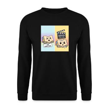 Buch vs. Film – Lustiges Literatur-Motiv - Unisex Pullover - Schwarz - Vorne - Alina (178cm) & Michal (187cm)