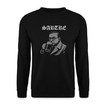 Vintage Sartre trinken Bier Illustration - Unisex Pullover - Schwarz - Vorne - Alina (178cm) & Michal (187cm)