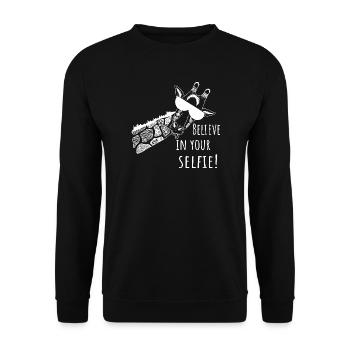 Croyez en votre selfie – Dicton drôle et girafe - Sweat-shirt Unisexe - noir - Devant - Alina (178cm) & Michal (187cm)