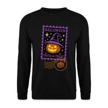 Briefmarke - Halloween Kürbis mit Zauberhut - Unisex Pullover - Schwarz - Vorne - Alina (178cm) & Michal (187cm)