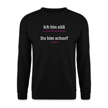 Süß mit Schuss Wahnsinn und Chili - Unisex Pullover - Schwarz - Vorne - Alina (178cm) & Michal (187cm)