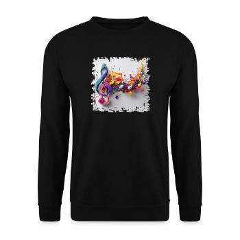 Farbenfrohe Musiknoten Kunstmotiv - Unisex Pullover - Schwarz - Vorne - Alina (178cm) & Michal (187cm)